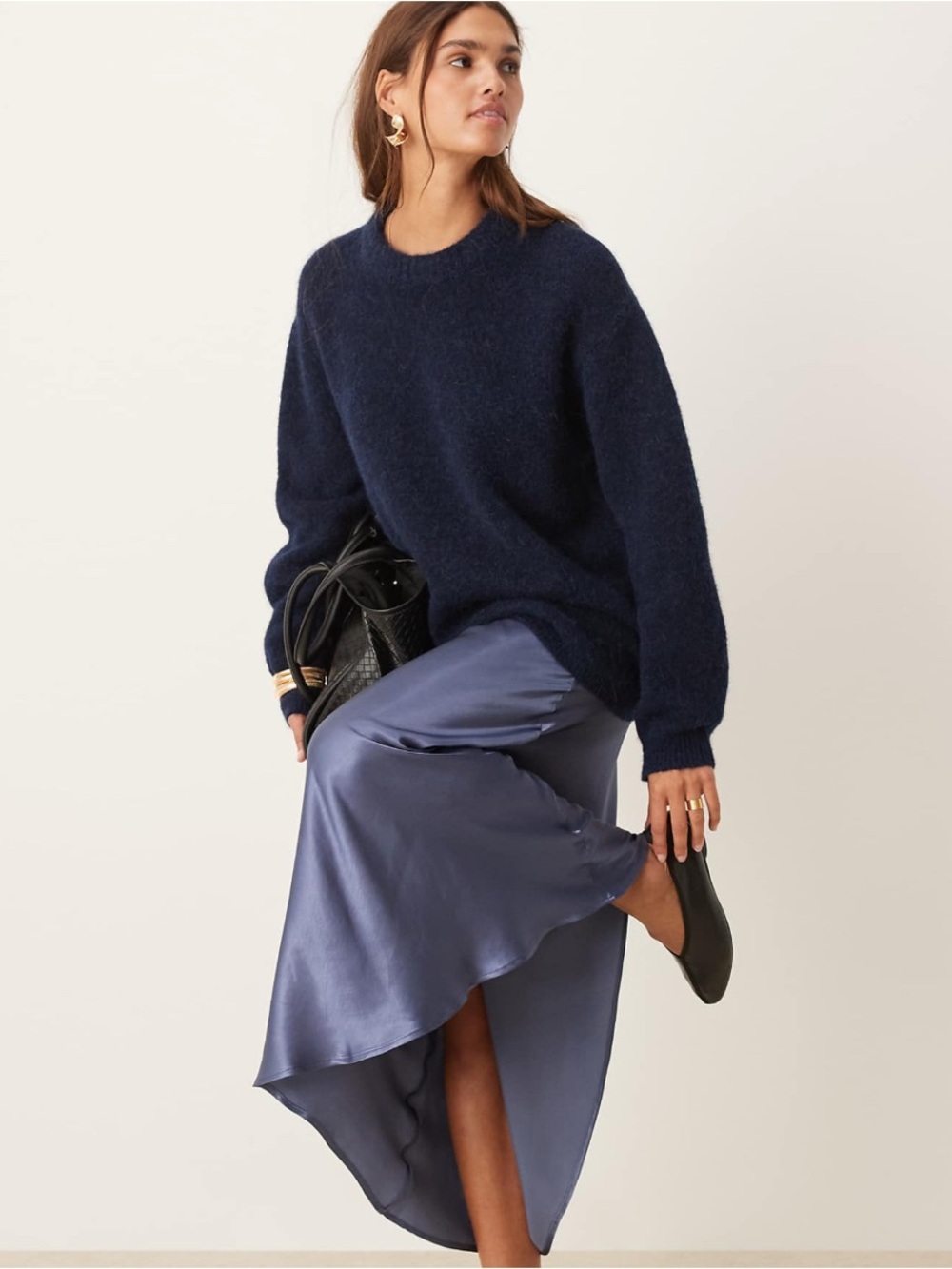 ASOS DESIGN relaxed fit sweater with volume sleeve in alpaca wool blend in navy
